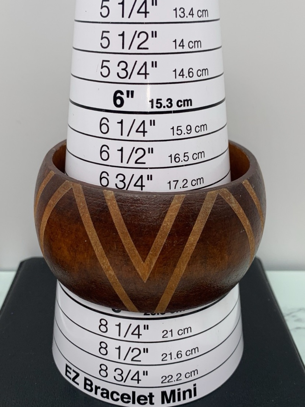 Handcrafted Brown Wooden Bangle with Inlaid Chevron Design - Picture 3 of 4